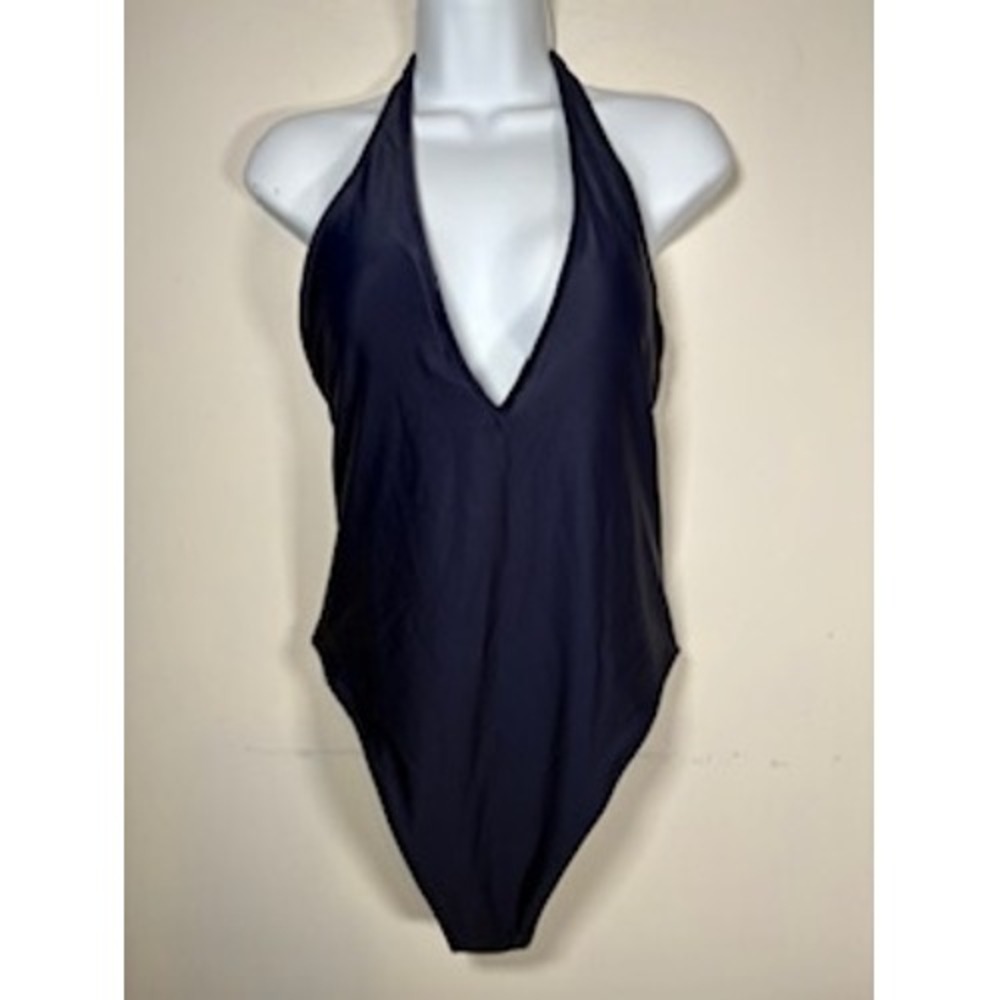 Aerie One Piece Swimsuit Medium Navy Blue Plunging Halter Neck Open Back Swim